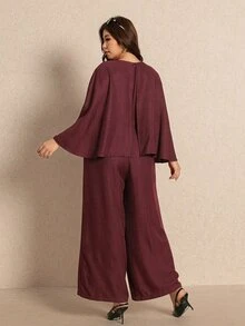 Elaquor Plus Size Women's Fashion Solid Color Belted Cape Wide Leg Jumpsuit - Burgundy - View 2