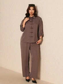 Elaquor Plus Size Casual Minimalist Basic Striped Women's 2 Pieces Set, Loose Fit - Coffee Brown - View 6