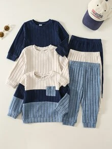 6-delat set för babypojke med mjuk stickad sweatshirt i kontrastfärg, rund hals, lång ärm och långbyxor med elastisk midja, mångsidigt och bekvämt - Blå - Visa 5