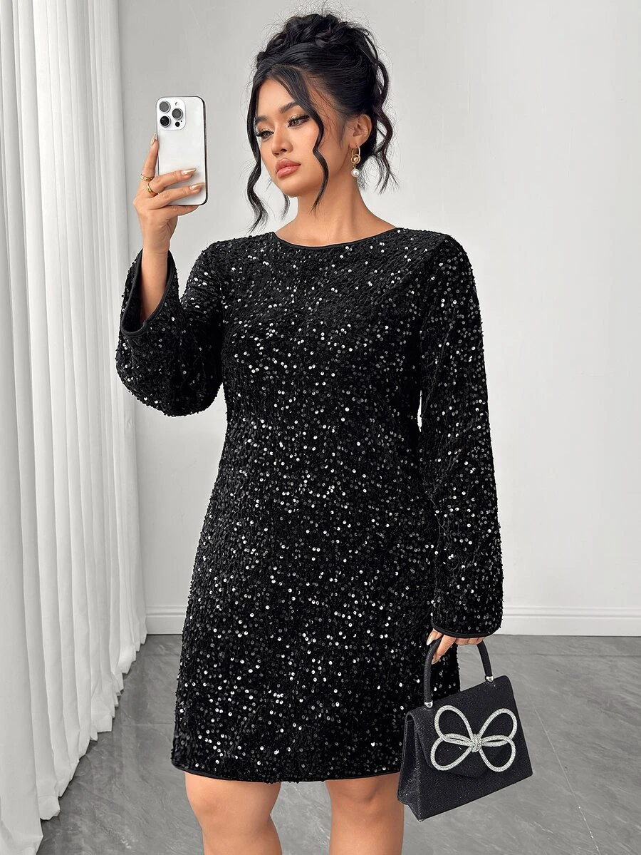Elenzga Plus Size Party Dress With Large Scoop Neck, Back Bowknot, Flared Sleeves, Straight Loose Fit And Sequin - Black - View 1