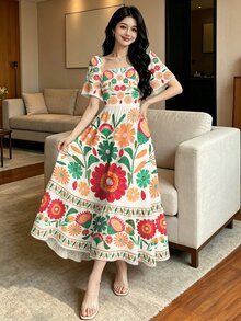 Modelyn Bohemian Colorful Hand-Painted Floral Print Women's Dress, Fashionable Square Neck Flutter Sleeve Ruffle Cap Sleeve High Waist Patchwork A-Line Umbrella Long Dress, Suitable For Daily Casual Street Wear, Autumn/Summer - Multicolor - View 3