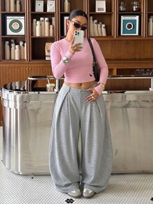 Muchica Women's Plus-Size Solid Color Pleated Casual Pants – Versatile, Everyday Autumn Athletic Trousers Winter - Brown - View 4