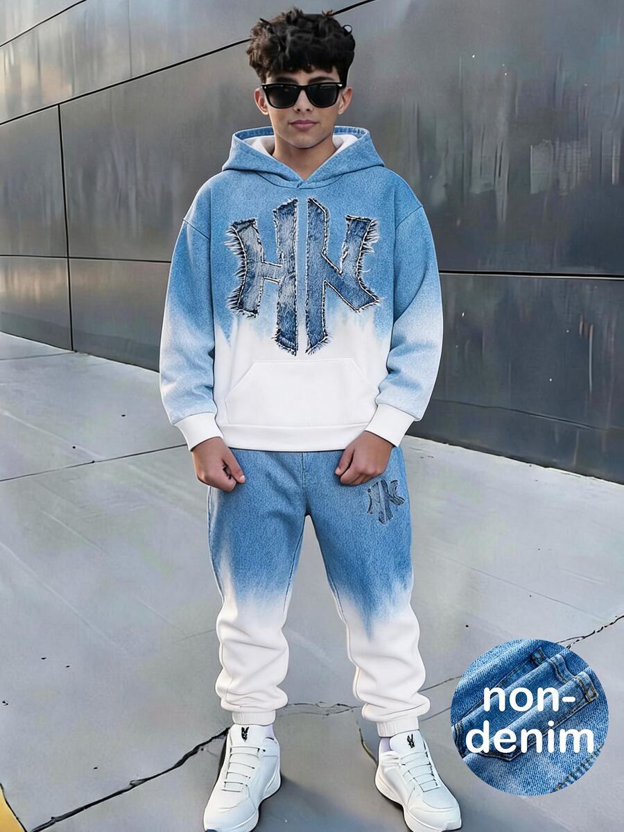 SHEIN Teen Boy Casual Letter Design Hoodie And Pants Set - Multicolor - View 1