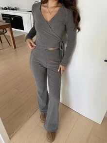 Livesso Women's Solid Color Long Sleeve Top And Flare Leg Pants Casual Daily 2 Pieces Set - Coffee Brown - View 4