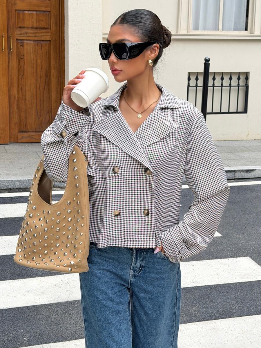 Muchica Women's Apricot Solid Color Double-Breasted Cropped Jacket In Fall/Winter - Brown - View 1