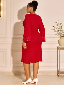 BrightlyHer Plus Size Elegant Beaded Decor Evening Dress - Red - View 2