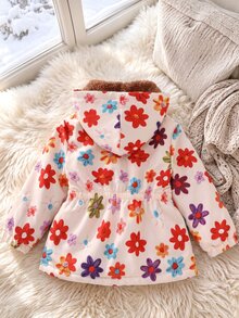 SHEIN Playful Pals 1件女童冬季新款多色毛絨內裡拉鍊開襟衫，附彈性腰部與連帽，加厚保暖內裡簡約時尚防寒外套，適合戶外與通勤 - 彩色 - 查看 2
