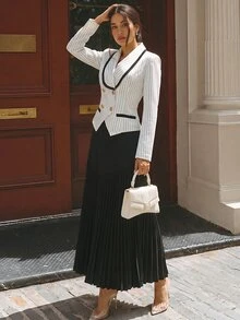 SHEIN Elenzya Women's Striped Button Blazer And Pleated Skirt Suit Set - Black and White - View 5
