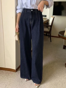 Dazy Plus High Waist Washed Blue Pleated Wide Leg Jeans, Loose Fit Versatile Long Pants, All Season Style Going Out Office Casual Fall - Dark Wash - View 4