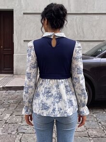 SHEIN 孕婦哺乳上衣 配色設計 休閒日常長袖 - 藍白色 - 查看 2