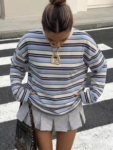 SHEIN EZwear 休閒簡約圓領長袖寬鬆T恤，適合夏季 - 藍色 - 查看 7