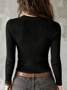 INAWLY Women's Fuzzy Crew Neck Ribbed Long Sleeve T-Shirt, Slim Fit Basic Grey Tee, Casual Everyday Base Layer Top - Black - View 2