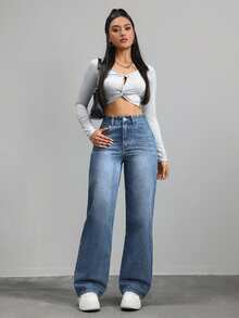 Jeanoix Y2K Plus Size Women's High Waist Wide Leg Denim Jeans, Classic Blue Loose Street Style Denim Pants - Medium Wash - View 3