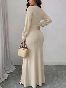 SHEIN Raffinéa Casual Fit V-Neck Long Sleeve Knitted Button-Down Apricot Women's Sweater Dress, Spring/Autumn - Apricot - View 2