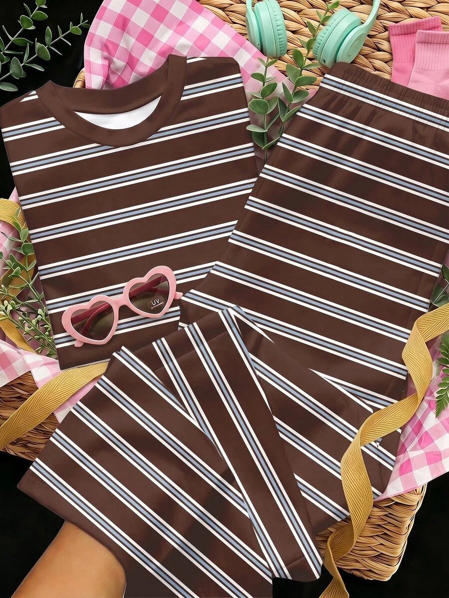 Tween Girl Striped Pattern Short Sleeve Crew Neck T-Shirt And Long Pants 2 Pieces Set - Multicolor - View 1