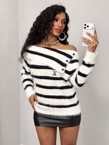 SHEIN BamGlam Autumn/Winter Fashion Faux Mink Fur Black & White Striped Cold Shoulder Pullover Sweater - Black and White - View 5