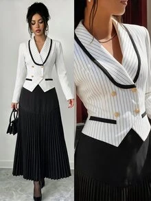SHEIN Elenzya Women's Striped Button Blazer And Pleated Skirt Suit Set - Black and White - View 6