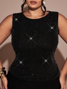 SHEIN BAE CURVE Plus Size Women's Black Rhinestone Embellished Round Neck Fitted Elegant Tank Top - Black - View 1