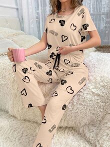 SHEIN Casual Underwear&Sleepwear 女款愛心印花圓領短袖上衣與長褲睡衣套裝 2件組 舒適可愛女款睡衣 - 彩色 - 查看 3
