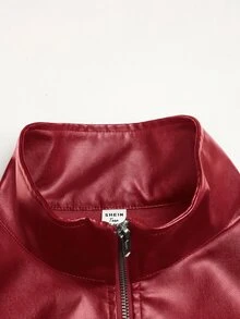 SHEIN 青少年女孩純色PU皮革拉鍊休閒百搭日常長袖夾克 - 紅色 - 查看 5