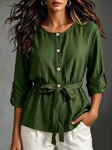 EMERY ROSE Women's Vintage Cinched Waist Casual Commute Long Sleeve Round Neck Blouse - Green - View 11