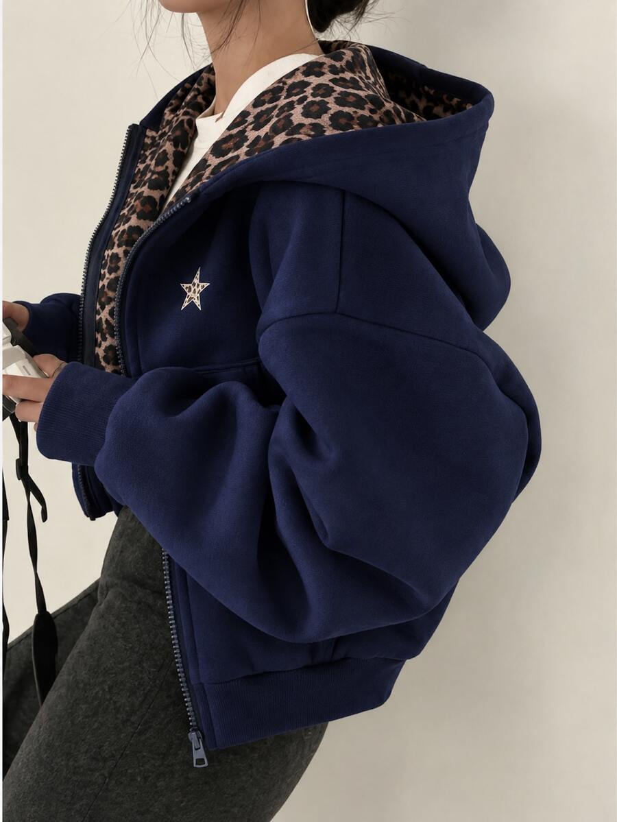 SHEIN 青少年女孩秋季灰色拉鍊落肩長袖寬鬆休閒衛衣外套,寬鬆抓絨內裡基礎休閒衛衣外套 - 藍色 - 查看 1