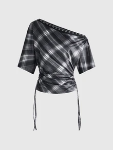 ROMWE Grunge Punk Women's Plaid Knit Printed Asymmetric Shoulder Button Cinched Waist T-Shirt - Black - View 1