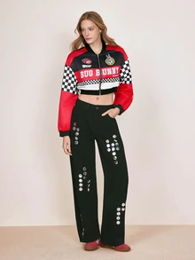 LOONEY TUNES X SHEIN Women's Letter Pattern Colorblock Casual Daily Long Sleeve Jacket - Red - View 3