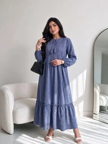 Yasmyna New Embroidered Patchwork Waist-Cinching Comfortable Loose Casual Vacation Daily Versatile Dress - Blue - View 5