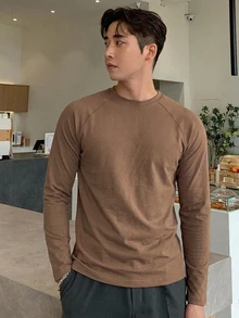 DAZY 男士長袖圓領卡其色T恤，適合春秋穿著 - 卡其色 - 查看 5