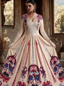 SHEIN LUNE CURVE Plus Size Dark Gothic Floral & Bone Print Dress Fall - Red and White - View 4