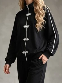 Linhara CURVE New Chinese Style Frog Button Contrast Design, White Trim Stand Collar Sweatshirt Paired With Wide Leg Pants, Suitable For Daily Casual, Commuting, Picnic - Black and White - View 3