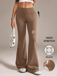 SHEIN Tall 女款純色修身百搭日常穿著喇叭褲 - 卡其色 - 查看 4
