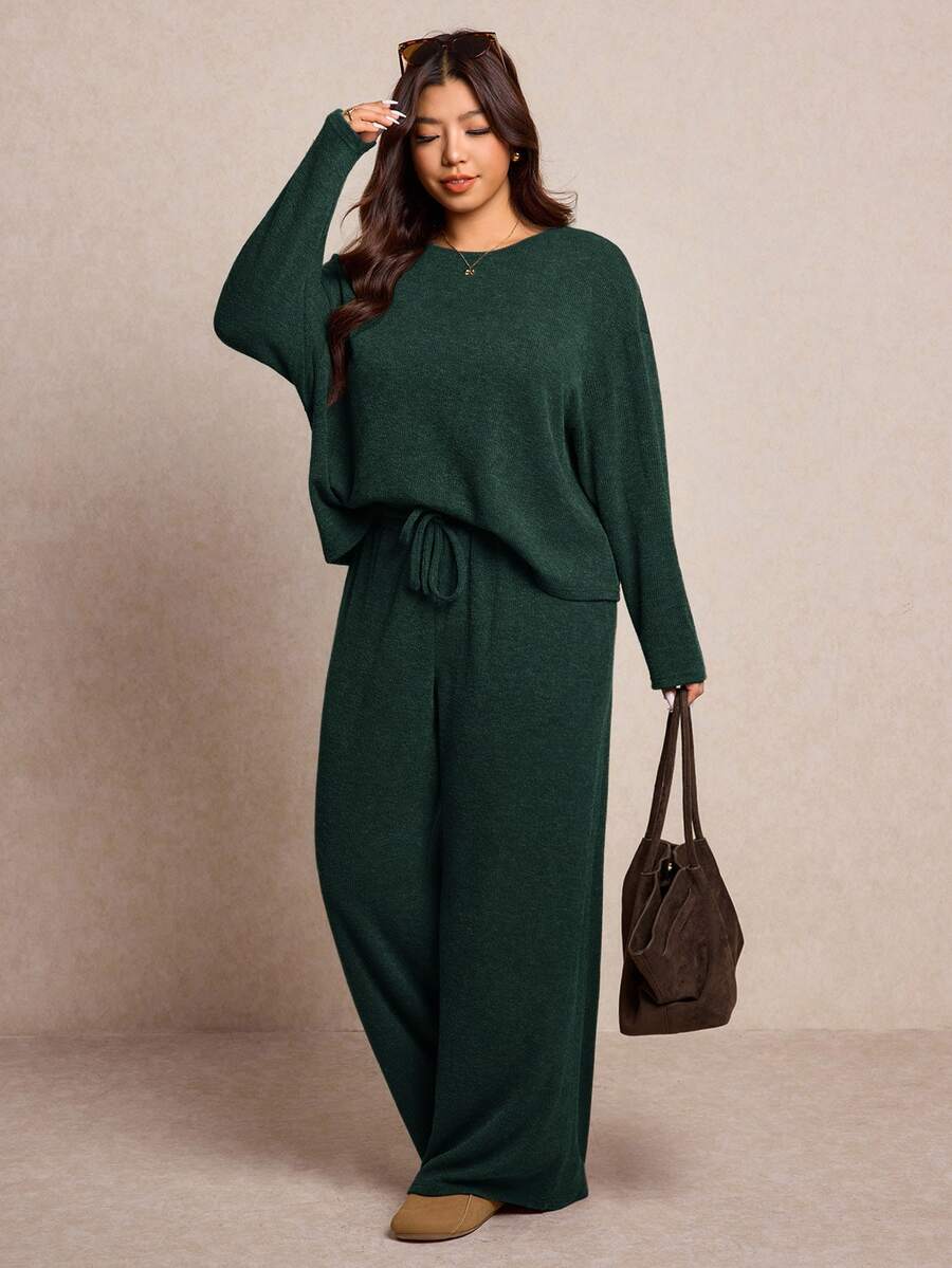 Elaquor 大尺碼女款休閒巧克力棕色冬季修身居家服,秋季純色上衣與長褲兩件套,舒適舒適春季穿搭 - 綠色 - 查看 1