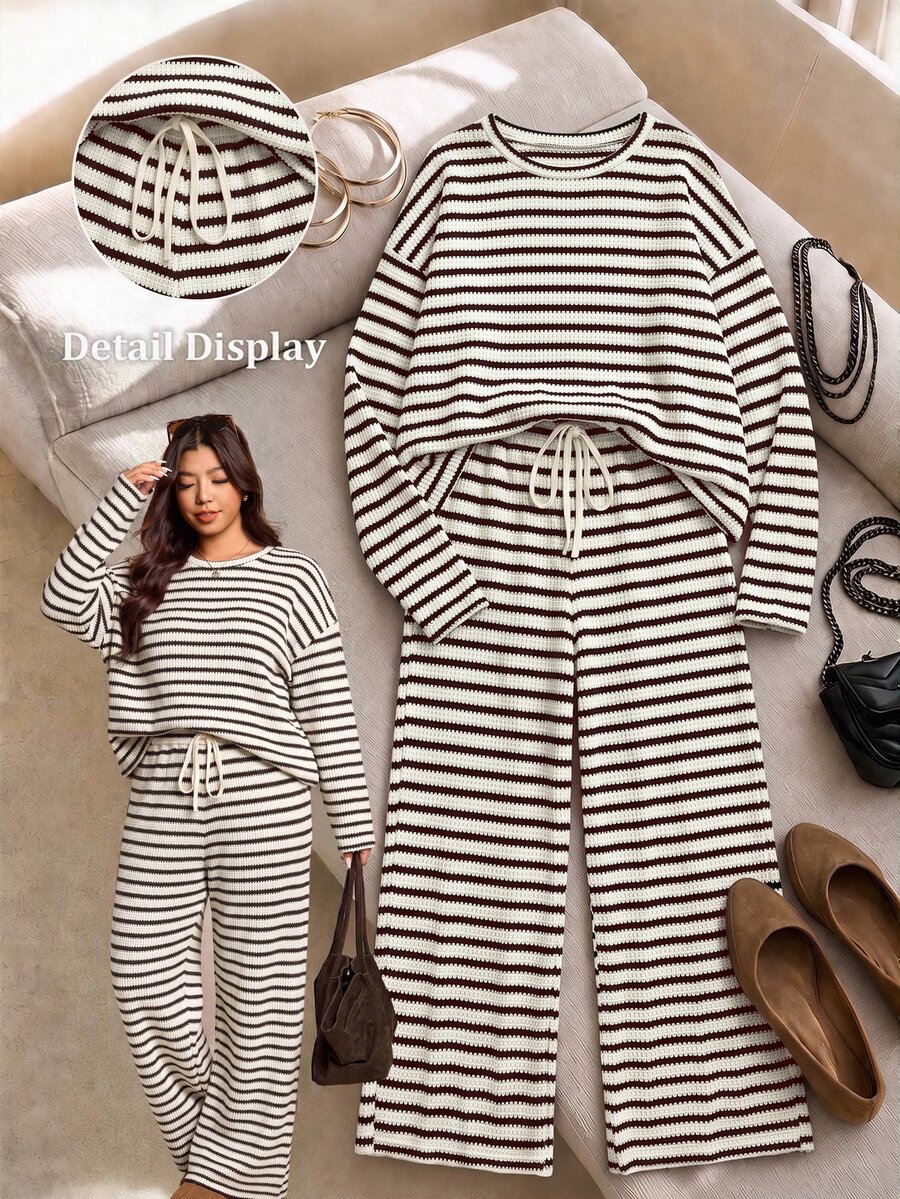 Elaquor Plus Size Women's Striped Round Neck Drop Shoulder Long Sleeve Top And Pants Casual 2 Pieces Set Fall - Multicolor - View 1