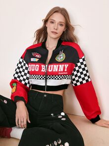 LOONEY TUNES X SHEIN Women's Letter Pattern Colorblock Casual Daily Long Sleeve Jacket - Red - View 6