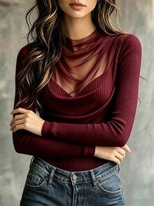 SHEIN 女款純色拼接網紗百褶長袖時尚T恤 - 酒紅色 - 查看 3