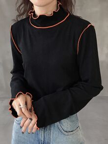 FRIFUL 女款立領長袖後綁帶設計休閒T恤 - 黑色 - 查看 2