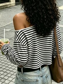 Dekonique Dekonique Crop Long Sleeve Should Off Striped Graphic Tee Loose Tshirt - Multicolor - View 2