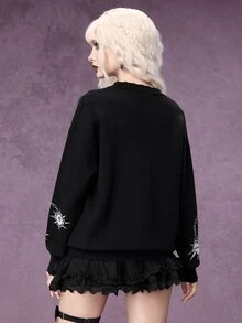 ROMWE Gothic Punk Halloween Outfit Metal Utensil Collage Pattern Distressed Raw Edge Design Round Neck Pullover Loose Fit Sweater - Black - View 3