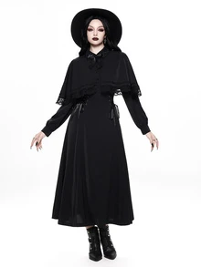 ROMWE Autumn/Winter Dark Gothic Halloween Lace Trim Vintage Elegant Waist-Cinched Maxi Dress - Black - View 6