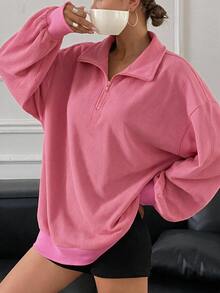Livesso 女款極簡半拉鍊長袖運動衫 - 玫紅色 - 查看 1
