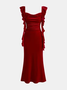 SHEIN Teen Girl Teen Girls Elegant Red Velvet Ruffle Pleated Ribbon Dress, Long Mermaid Hem, For Party, New Year, Christmas - Red - View 5