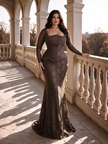 Coutiva Plus Size Women's Long Sleeve Rhinestone Decorated Lace High-End Evening Gown Luxury Dress - Coffee Brown - View 4