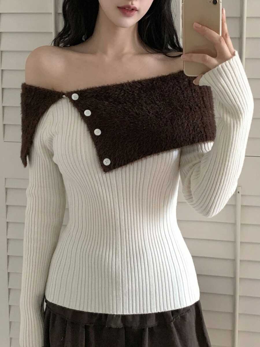 DAZY Women's Colorblock Off-Shoulder Casual Daily Long Sleeve Sweater Fall - White - View 1