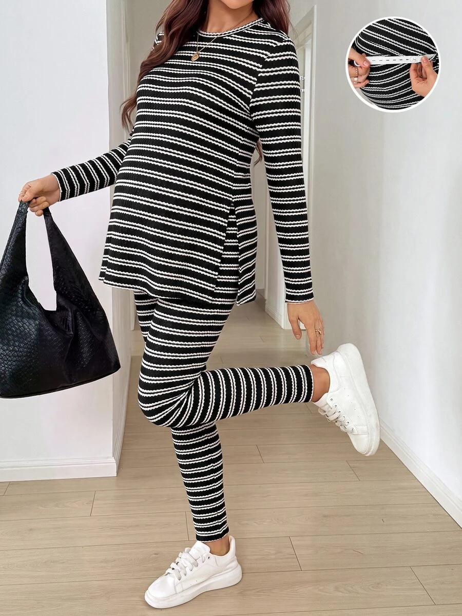 SHEIN 孕婦圓領長袖黑白條紋開衩上衣與修身長褲2件套 - 黑色 - 查看 1