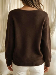 SHEIN Asymmetric Oblique Collar Knit Sweater, Women Long Sleeve Side Button Decor Loose Casual Knit Pullov - Coffee Brown - View 3