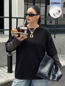 Muchica 大尺碼初秋返校黑色拼接二合一針織T恤，層次感長袖休閒軟綿上衣，適合秋季正式約會 - 彩色 - 查看 4