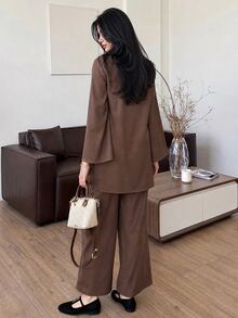 Solavon Women's Brown Overlap V-Neck Metal Buckle Decor Long Sleeve Top And Pants 2 Pieces Set - Brown - View 6
