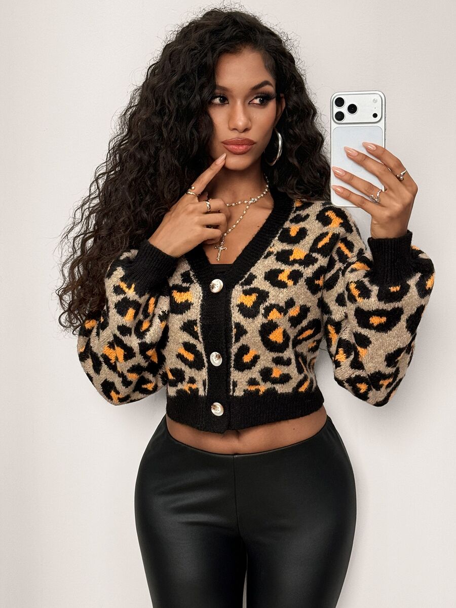 SHEIN BamGlam Autumn/Winter Fashion Leopard Print Button Cardigan Sweater - Multicolor - View 1